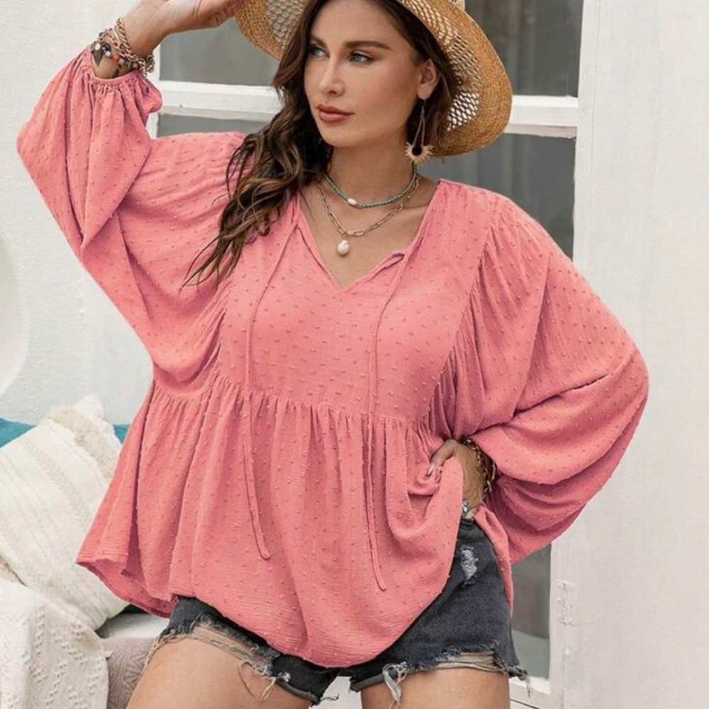NWT SHEIN Rusttydustty Swiss Dot Oversized Lantern Sleeve Peplum Blouse Size 0XL